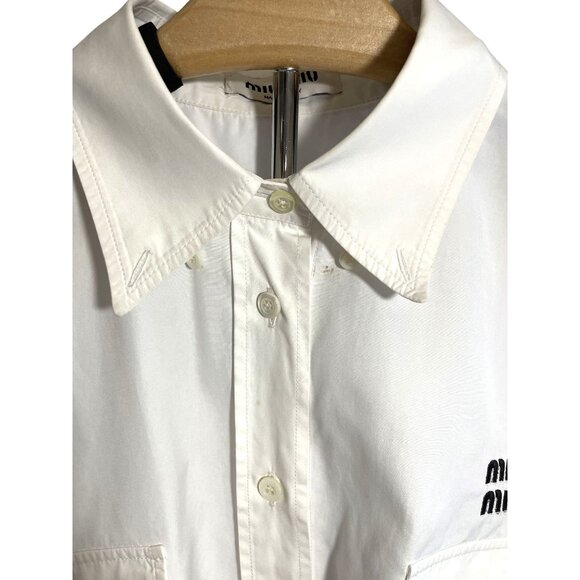 Miu Miu Womens White Button-Up Cropped Shirt With Embroidered Logo & Front Pocke - Picture 4 of 16
